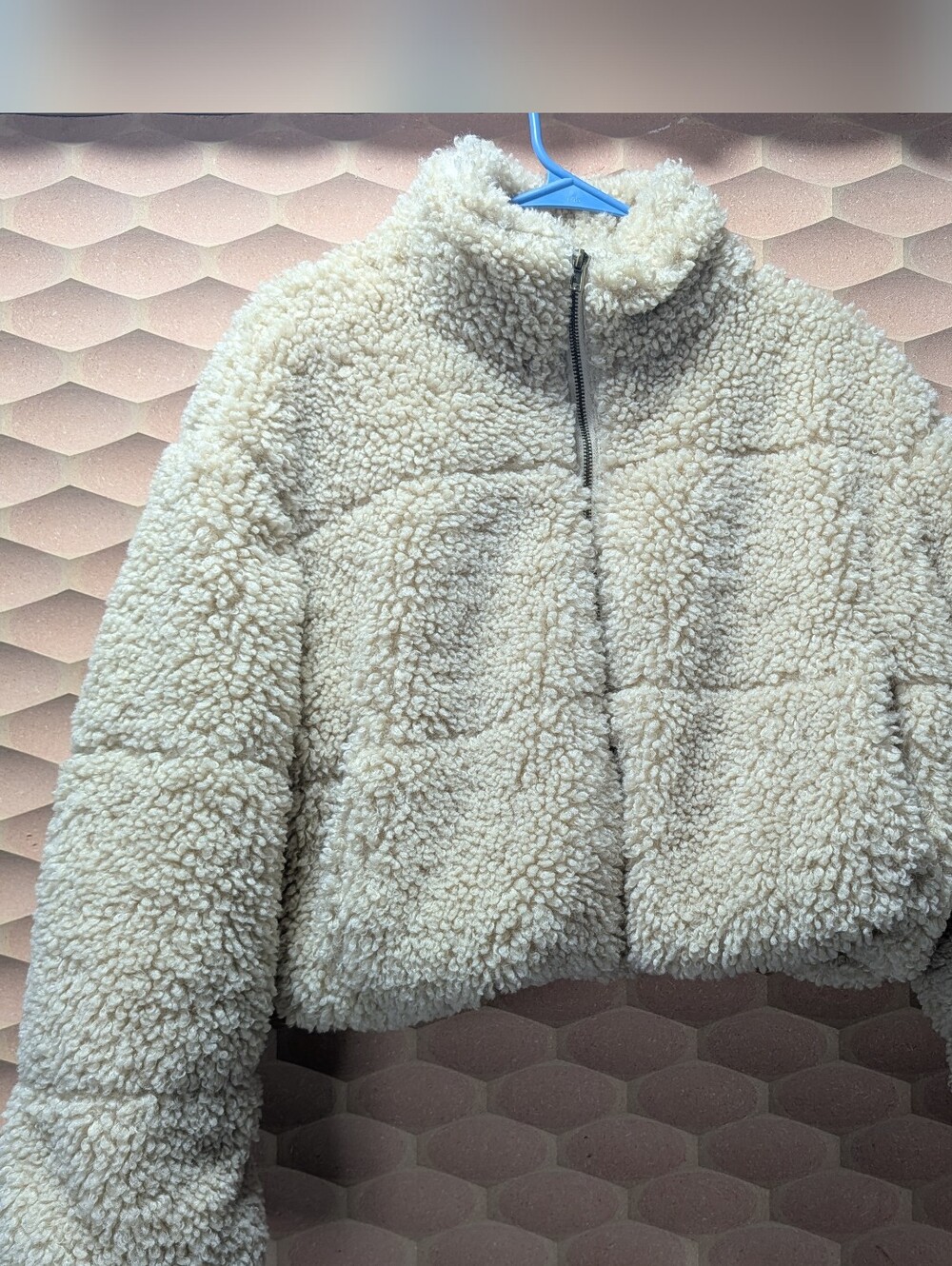 Cali1850 Los Angeles Cropped Cream Teddy Sherpa Zip Jacket Womens Size M